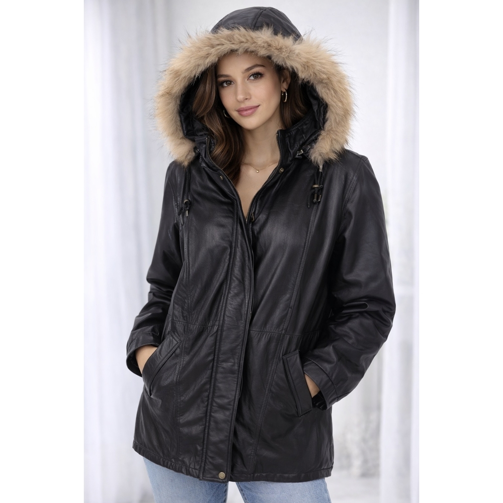 VINTAGE 90s Field Gear Raccoon Fur Trim Hooded Genuine Leather Jacket Sz M